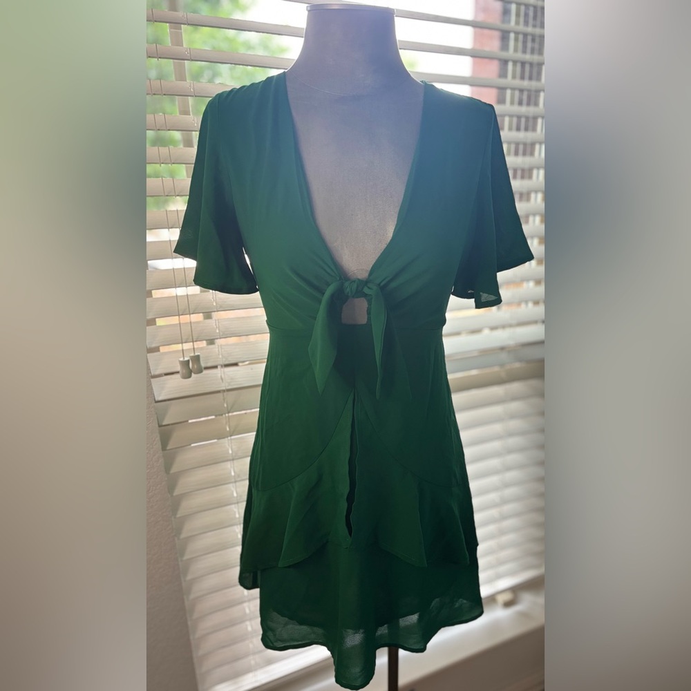 Lulu's Emerald Green Tie-Front Ruffle Mini Dress - Picture 9 of 9